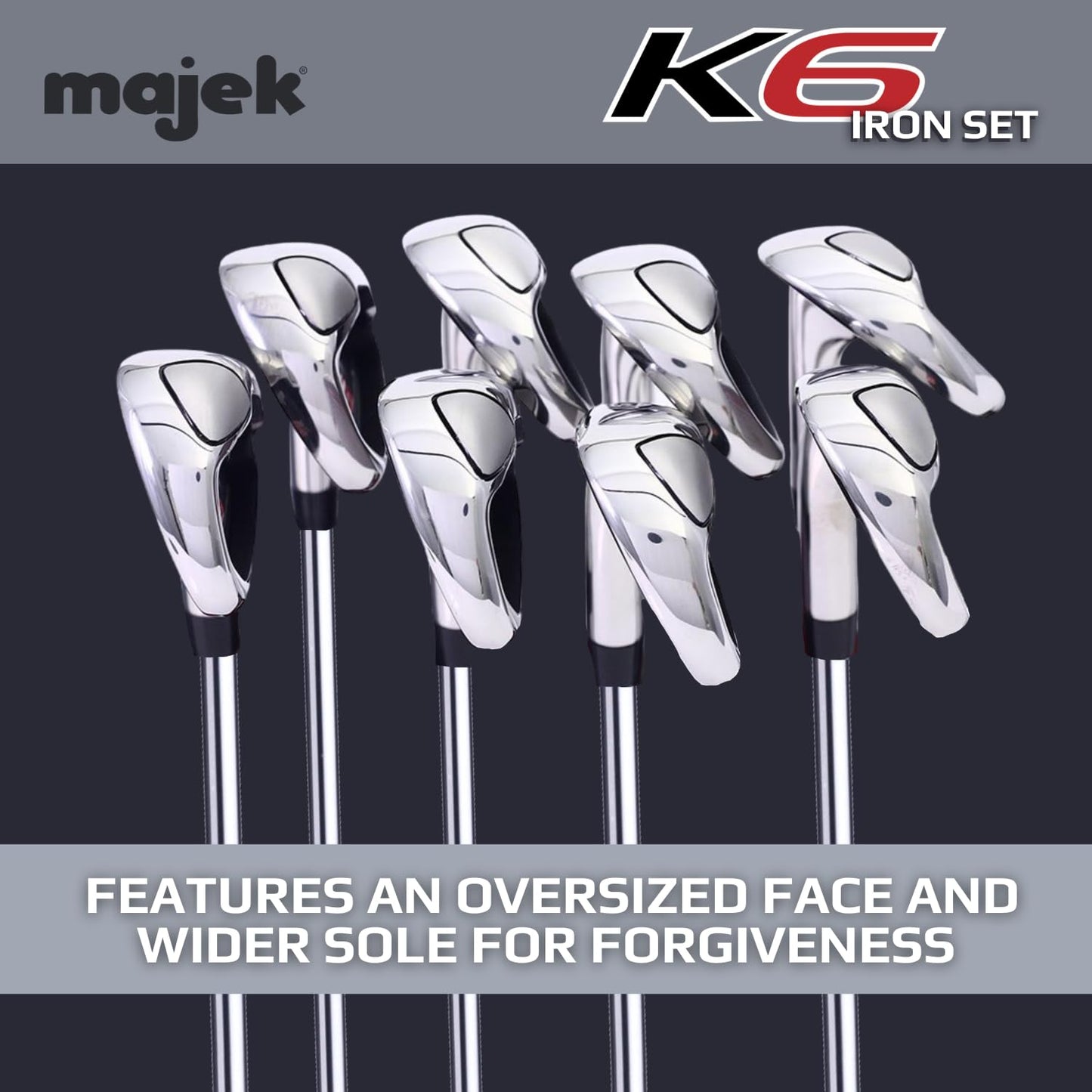 Majek K6 Iron Set +2 inch Over XL Big & Tall Men's 8-Piece Set (4-PW, SW) Right Handed Steel Shaft Regular Flex R Flex Club (Tall 6'3"+/+2" Over) with Midsize Black Pro Velvet Grip