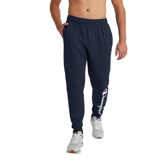 Champion Men's Fleece Joggers, Sweatpants, Standard Fit, Midweight, C, Available in Regular and Big, Navy-Classic Script Logo, X-Large Tall