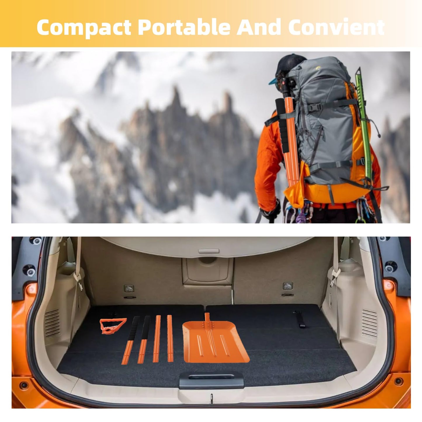 Snow Shovel for Driveway 69 Inch Portable Shovel with Back-Saving Tool Handle Adjustable Large Capacity Snow Shovel for Car Multifunctional Shovel for Cars Garden Farm, Orange
