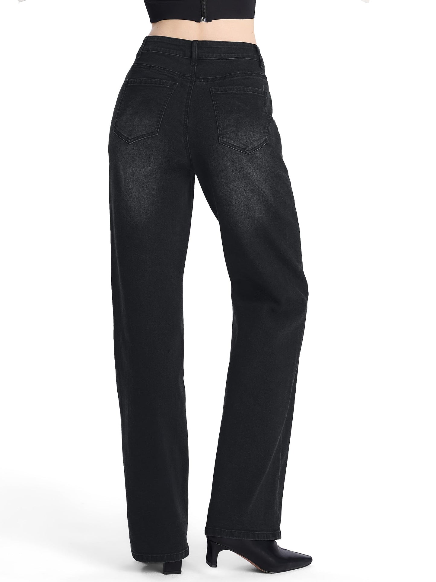 SEVEGO Women's 32"/34"/36" Tall Straight Leg Jeans Mid Waisted Stretchy Loose Denim Pants Casual Baggy Jean Trousers 32'', Black, XXL