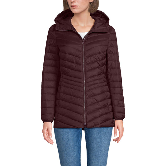 Lands' End Womens Packable Chevron Hooded Long Wanderweight Down Jacket Lush Burgundy Tall X-Large