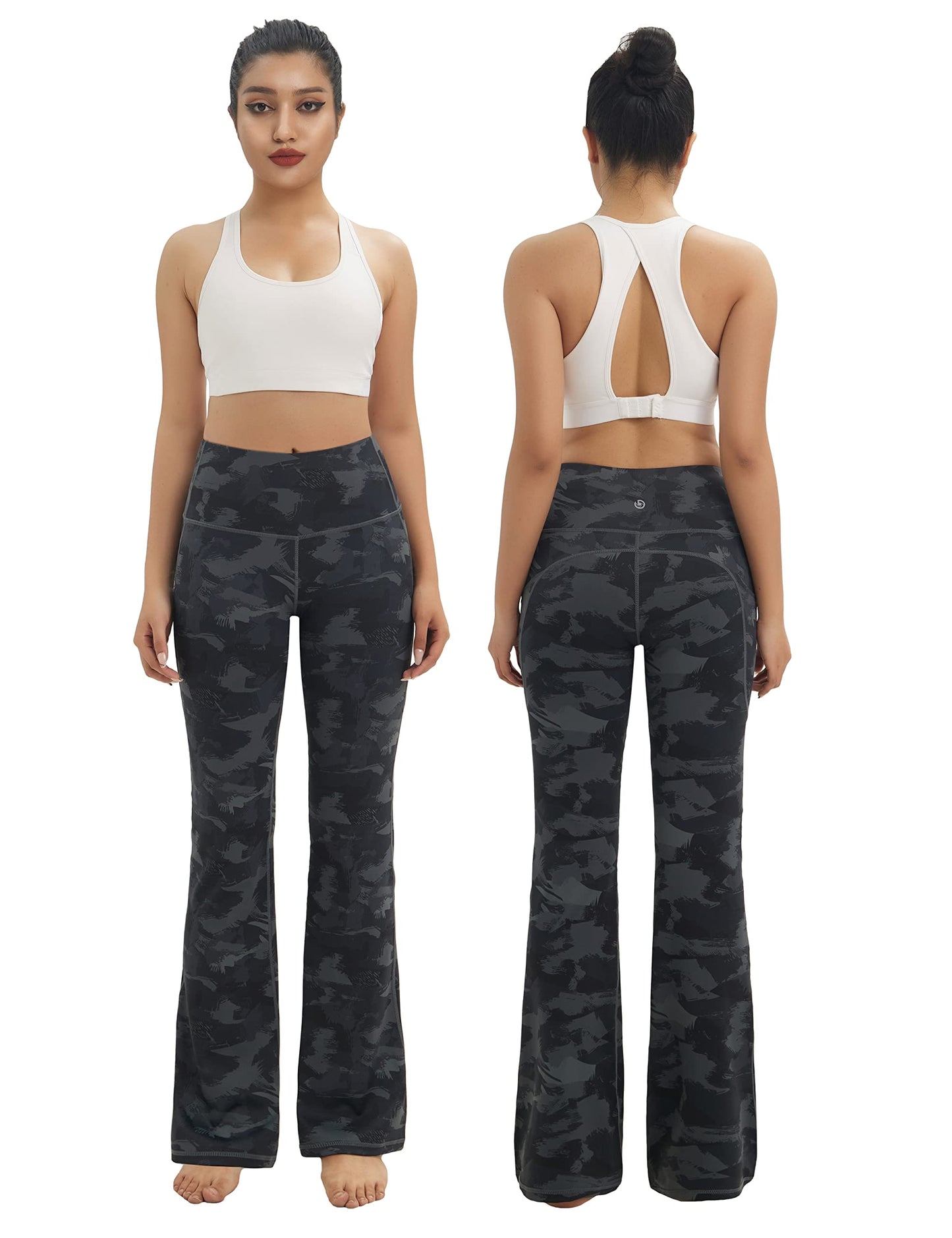 BUBBLELIME 29"/31"/33"/35" 4 Styles Women's Tummy Control Bootcut Yoga Pants - Side Pockets_DIMGRAY BRUSHCAMO L-35 Inseam