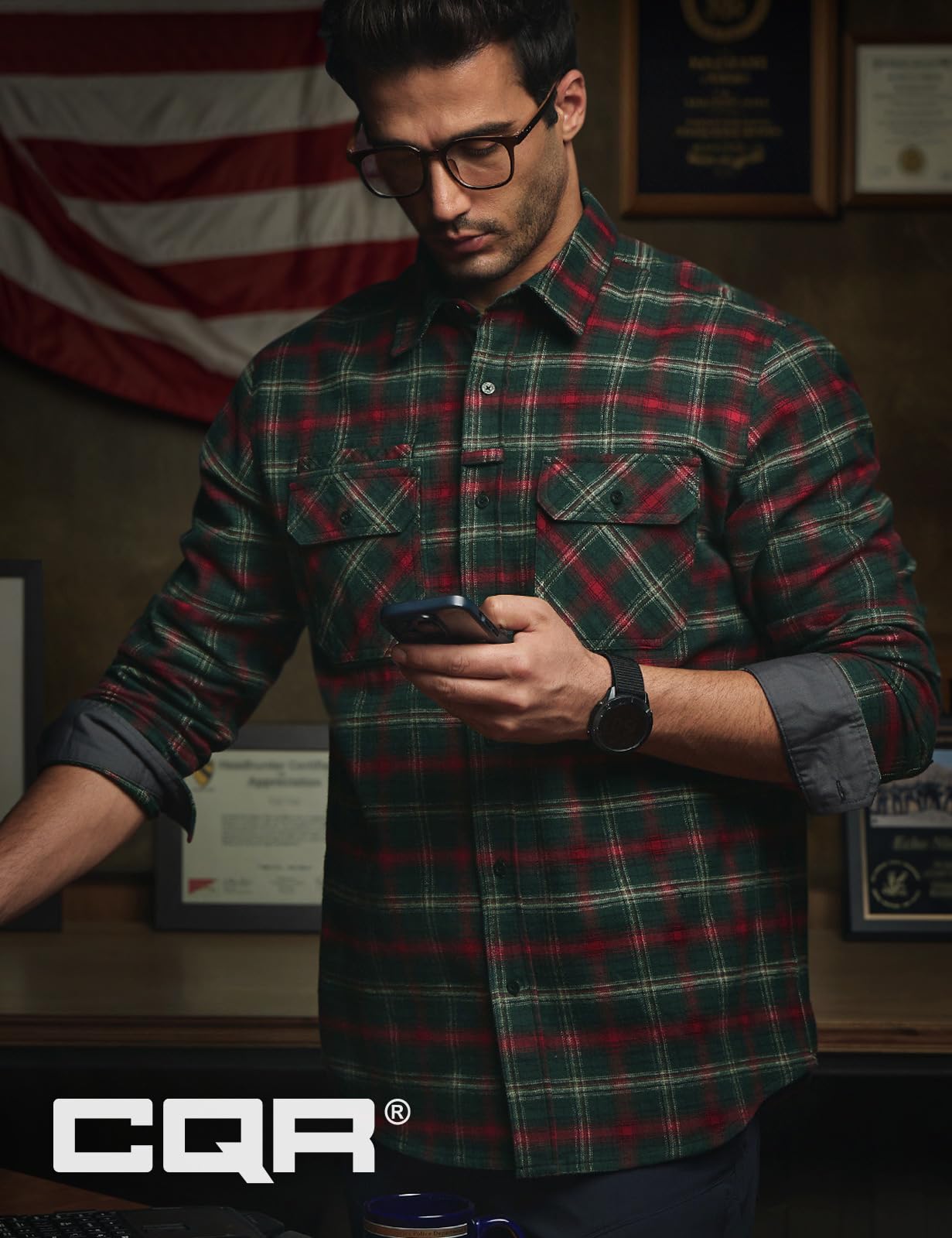 CQR Men's Flannel Button Down Shirts, Soft Cotton Plaid Long Sleeve Tactical Work Shirt, Warm Outdoor Essential with Pocket, Stealth Holiday Mood, XX-Large Tall