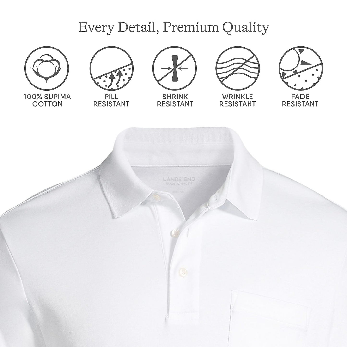 Lands' End Mens Short Sleeve Pocket Supima Polo White Tall XX-Large