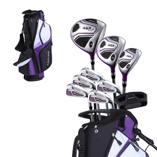 Aspire XD1 Women's Golf Club Set – Ultra-Light Graphite Shafts, Driver, Fairway, Hybrid, 6-PW Irons, Putter, Stand Bag & Headcovers – Right-Handed, Available in Regular, Petite & Tall Sizes – Purple
