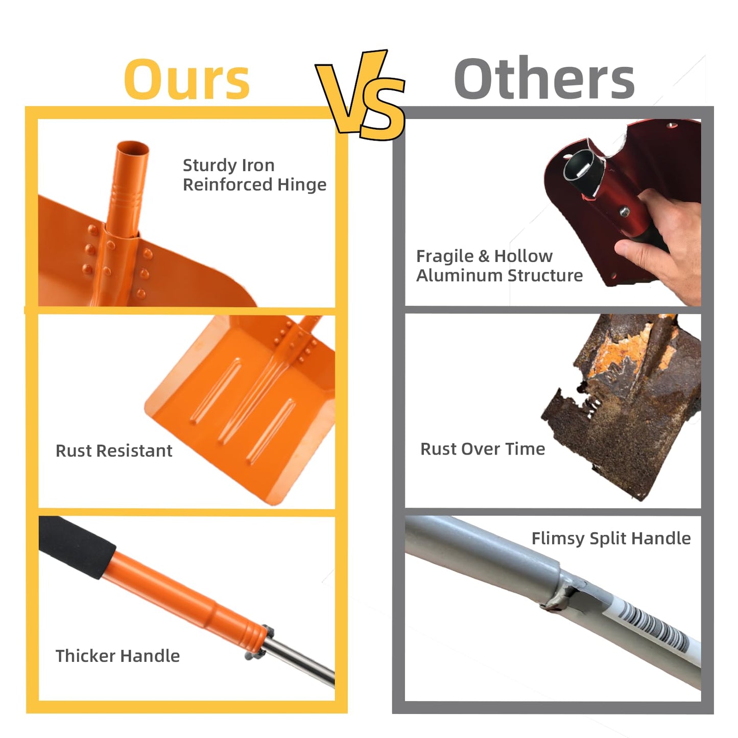 Snow Shovel for Driveway 69 Inch Portable Shovel with Back-Saving Tool Handle Adjustable Large Capacity Snow Shovel for Car Multifunctional Shovel for Cars Garden Farm, Orange