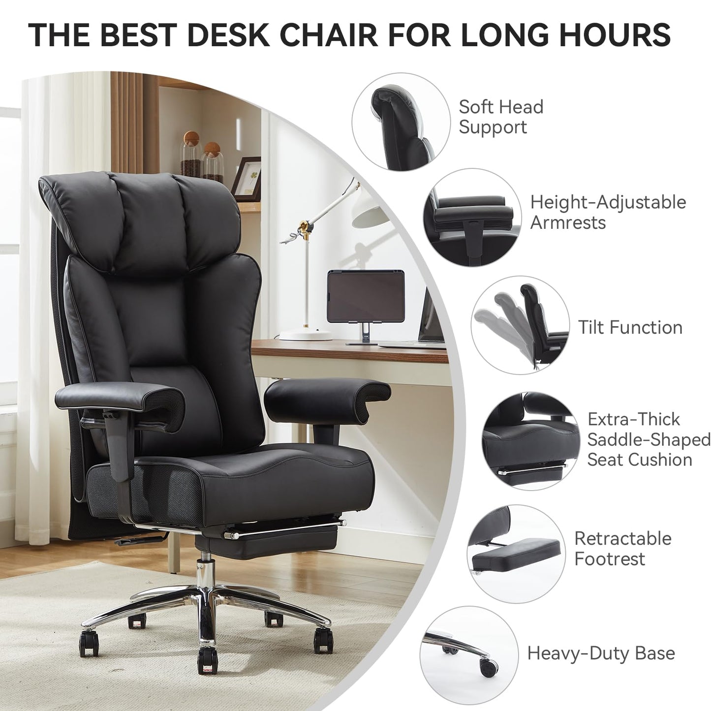 Efomao Ergonomic Office Chair 450LBS with Foot Rest, High Back PU Leather Executive Office Chair with Adjustable Armrests, Lumbar Support for Home or Work, Computer Chair, Black