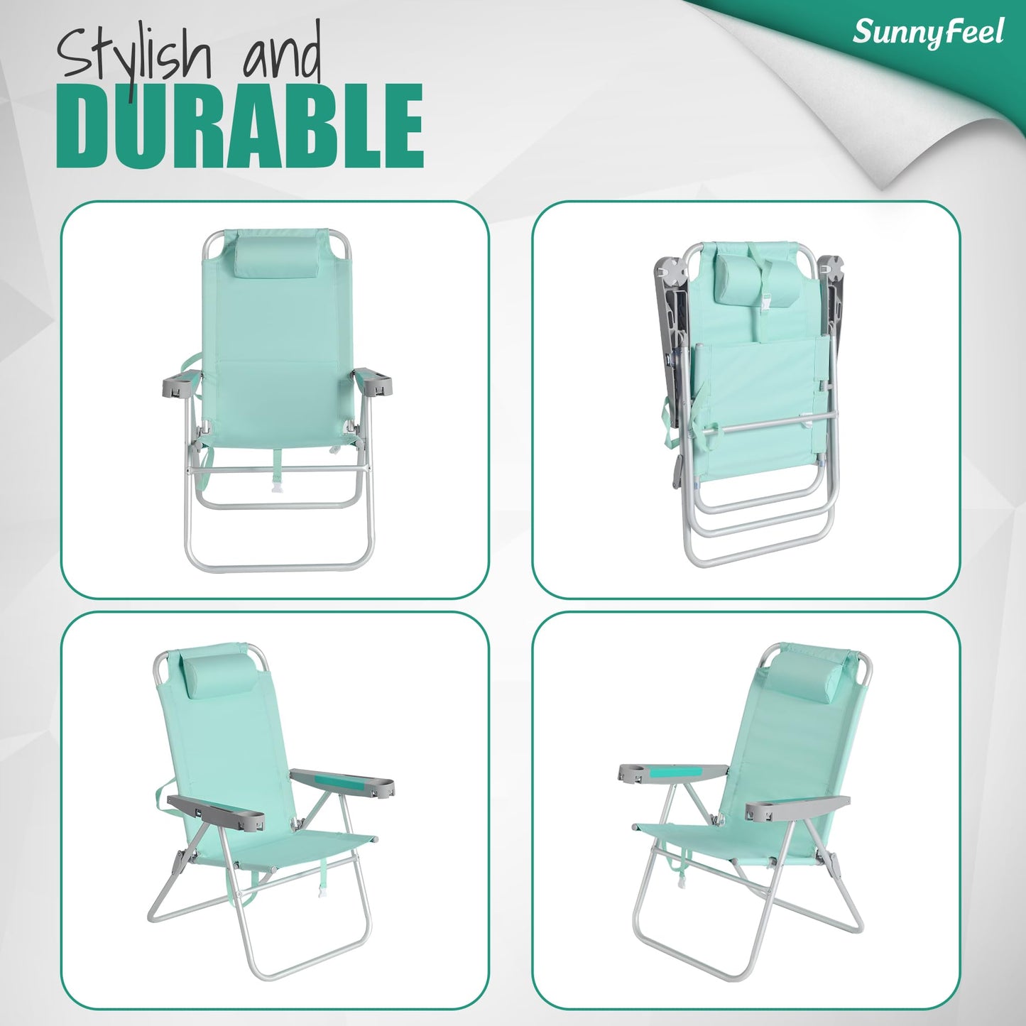 SUNNYFEEL Oversized Tall Folding Beach Chair Lightweight, 17" Portable Sand Chair for Adults Heavy Duty 500 LBS with Cup Holders