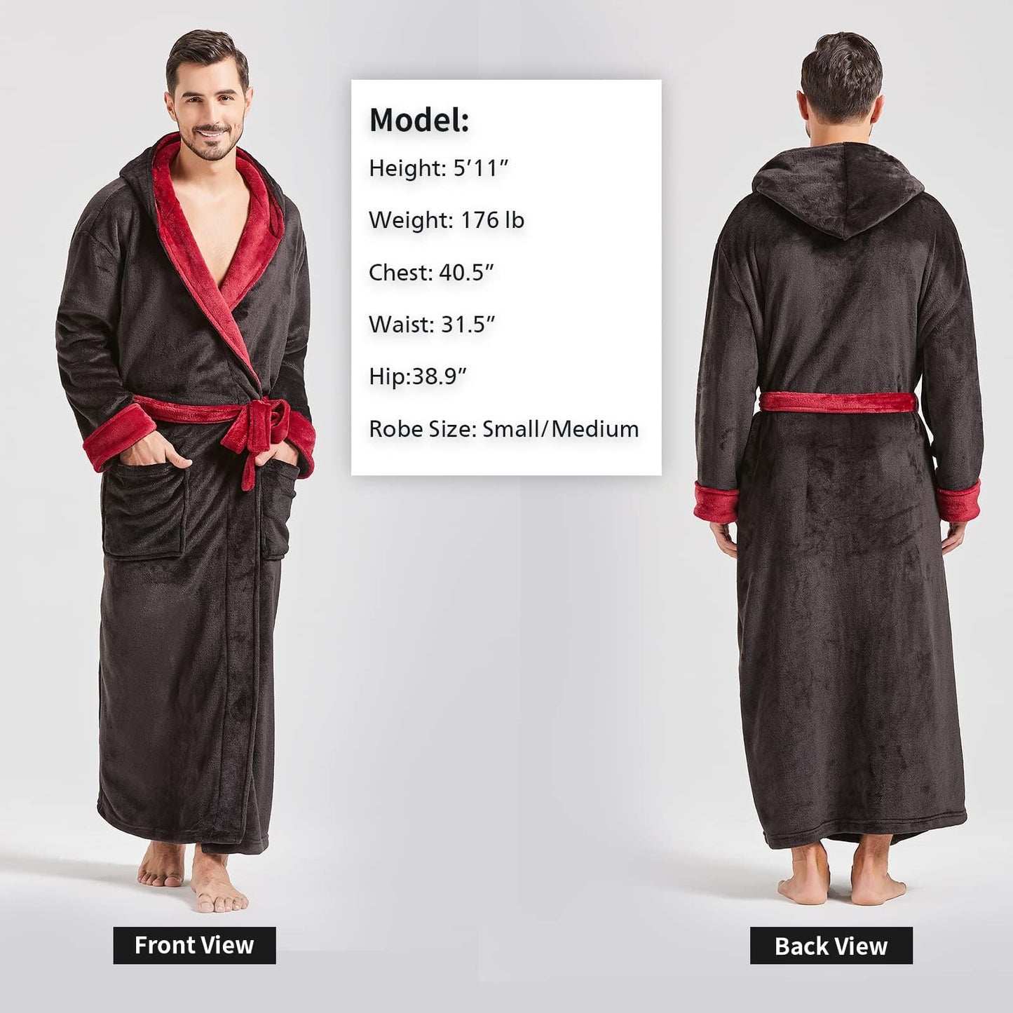 FashGudim Mens Robes Big and Tall with Hood Two-Tone Flannel Fleece Contrast Bathrobe Full Length Plush Long Robe Warm House Coat (Black & Burgundy, S/M)