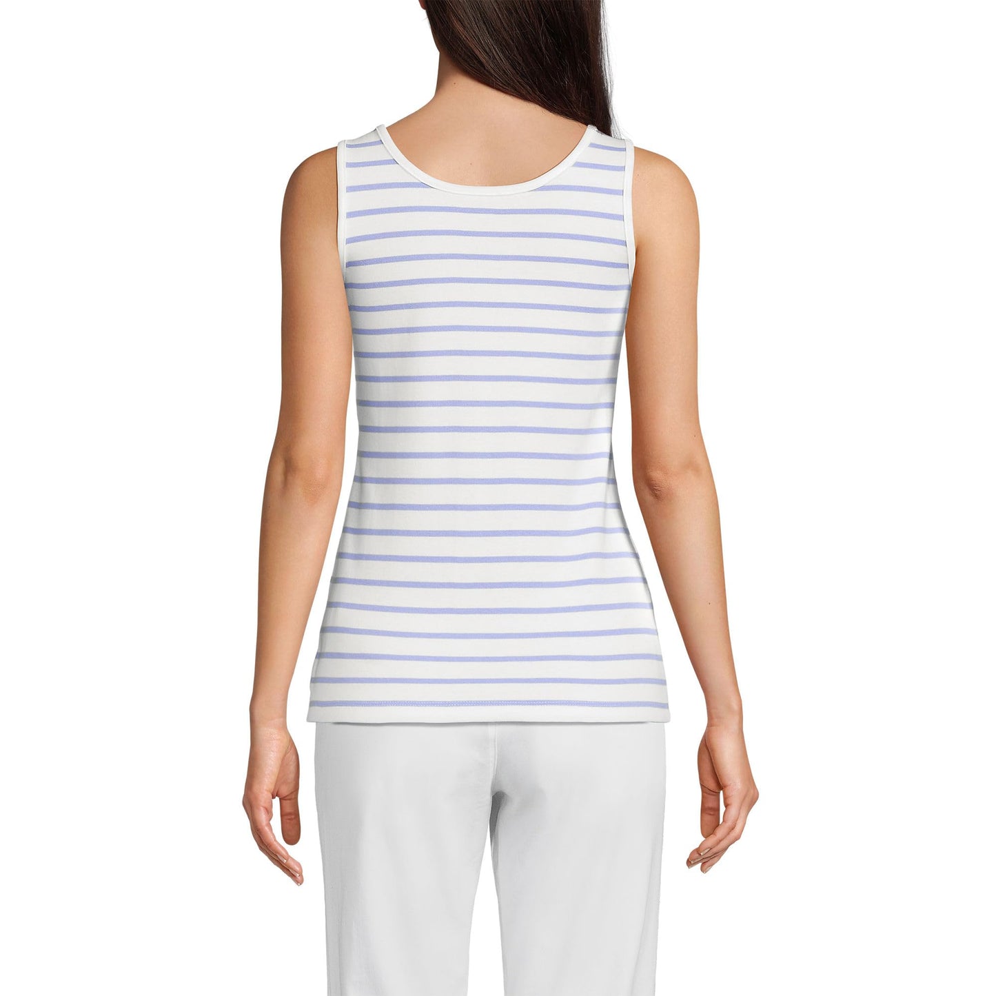 Lands' End Womens Cotton Tank Top Ivory/Periwinkle Breton Stripe Tall Medium