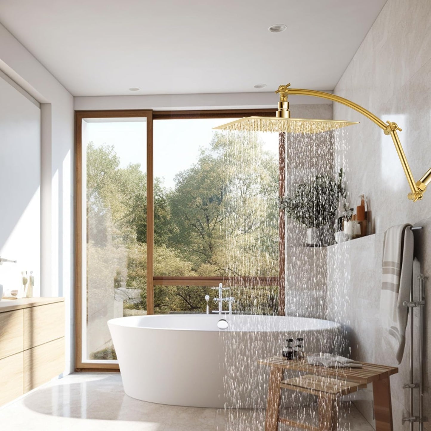 Hibbent Shower Head Extension Arm,16" Solid Brass Adjustable Extender with Lock Joint, Standard 1/2", Rise or Lower Rainfall and Fixed Shower Head, Height/Angle Adjustable Extension Arm, Brushed Brass