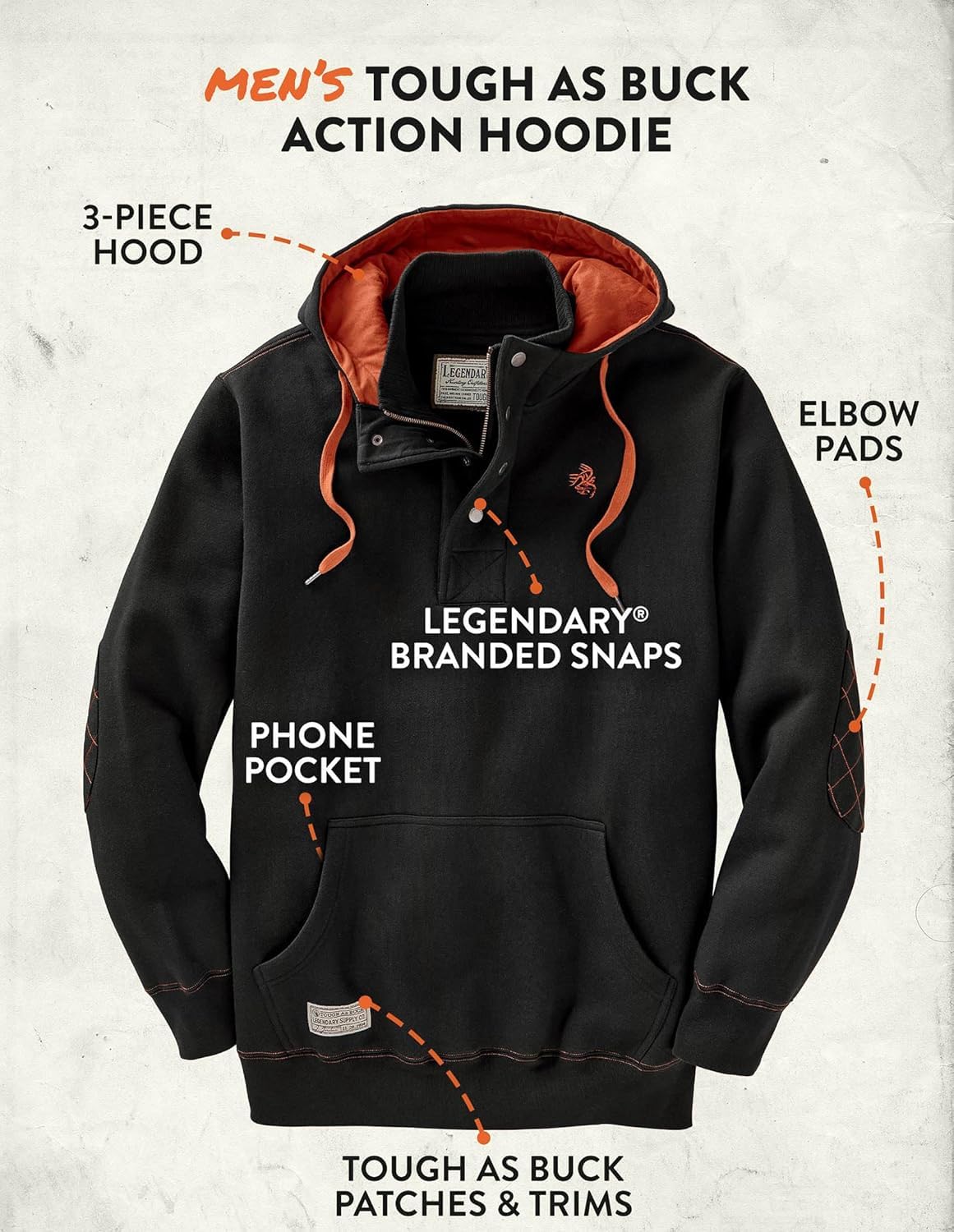 Legendary Whitetails Men's Tall Size Tough As Buck 1/4 Zip Action Hoodie, Black, X-Large