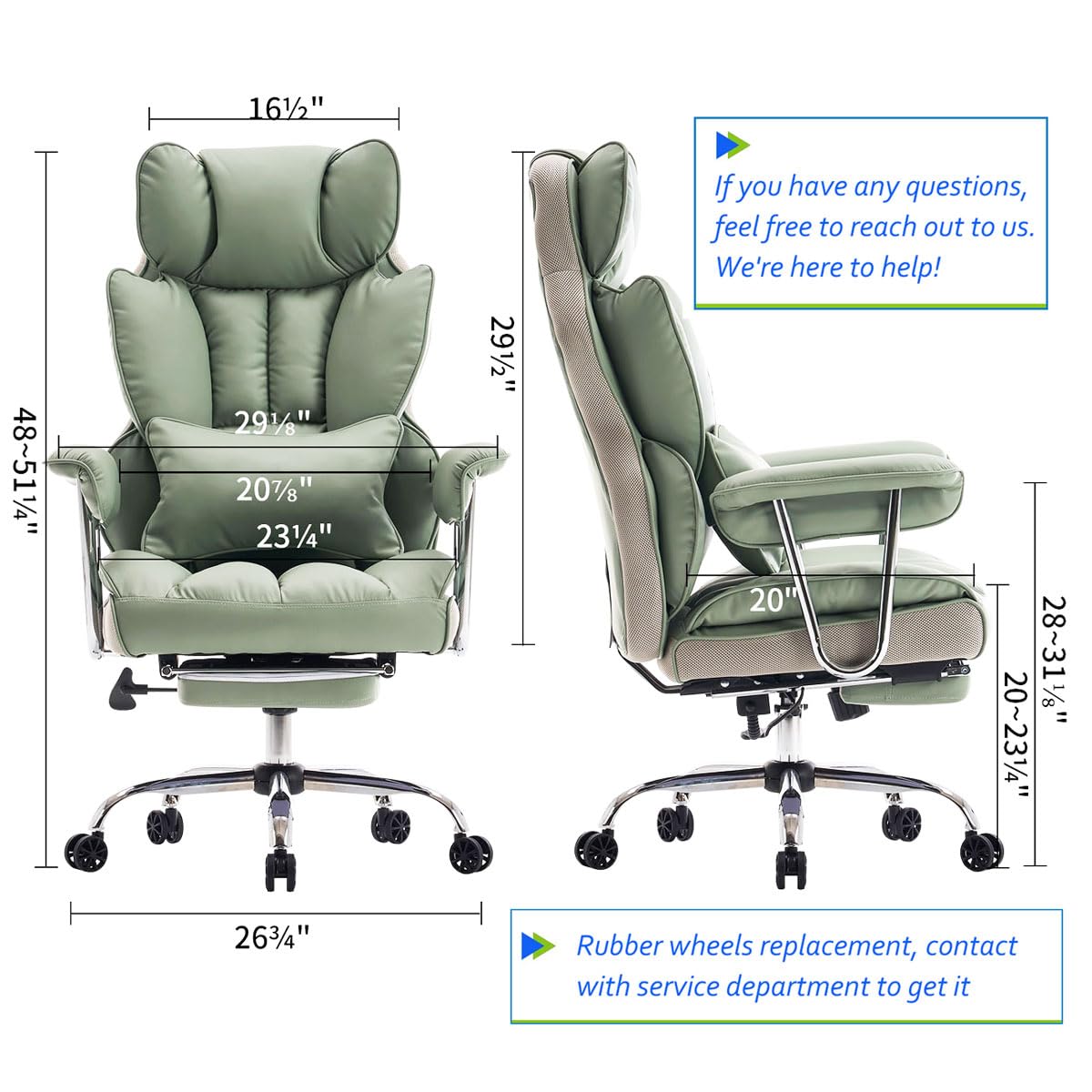 Efomao Big and Tall Office Chair 400lbs - Executive Office Chairs with Footrest, Heavy-Duty PU Leather Computer Chair for Heavy People, Light Green Home Office Desk Chairs