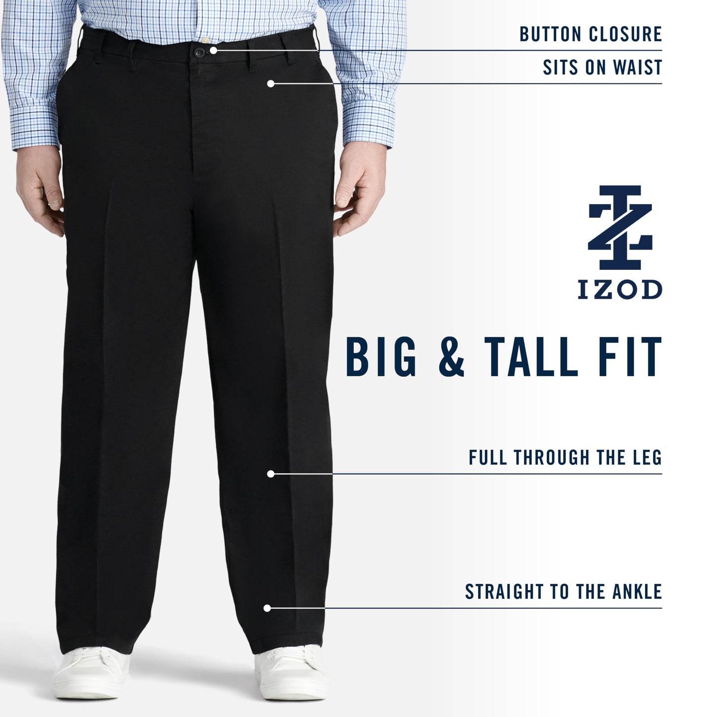 IZOD Men's Big and Tall Performance Stretch Flat Front Pant, Black, 38W x 32L