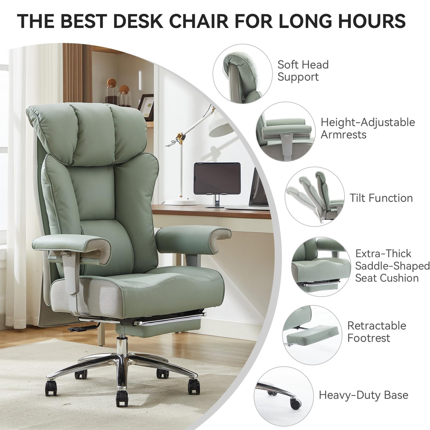 Efomao Big and Tall Green Office Chair 450LBS – Ergonomic High-Back Executive Chair with Footrest, Adjustable Padded Armrests, PU Leather Computer Chair with Lumbar Support for Home or Office,Green