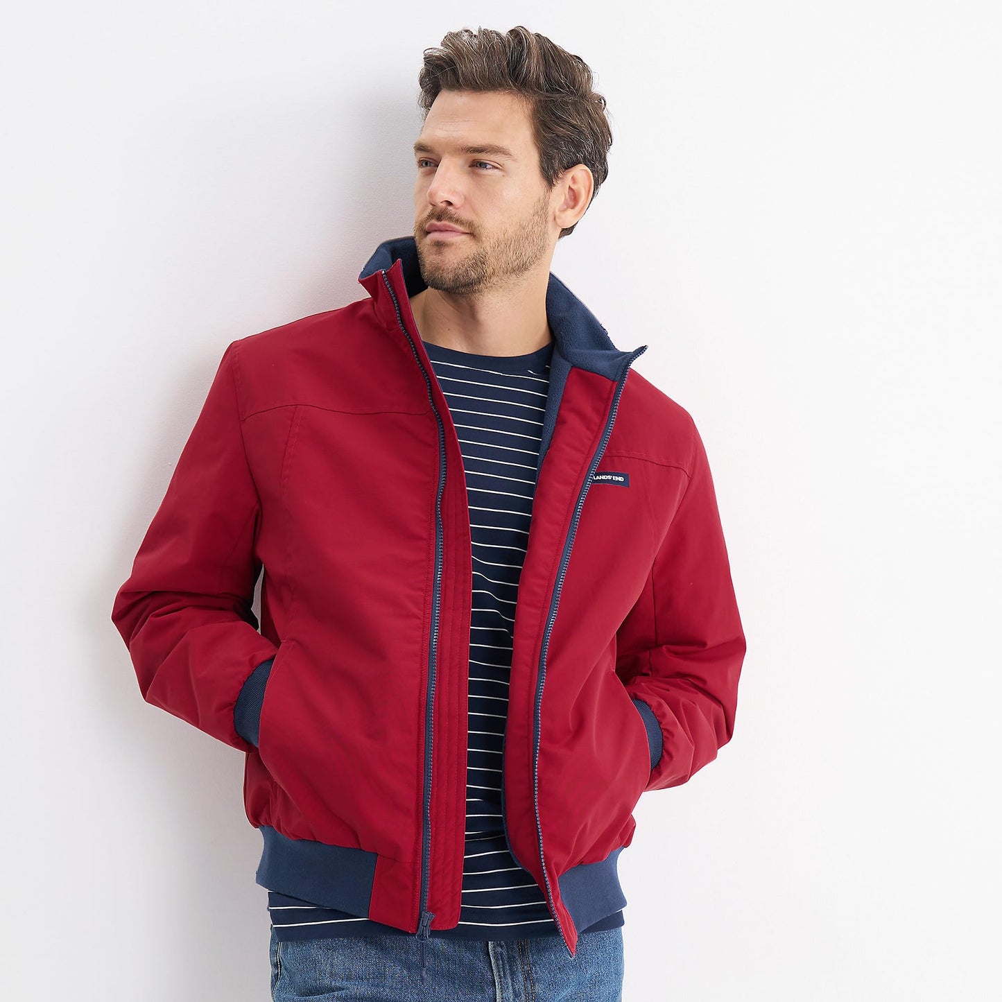 Lands' End Mens Squall Classic Bomber Jacket Fresh Cranberries Tall Medium