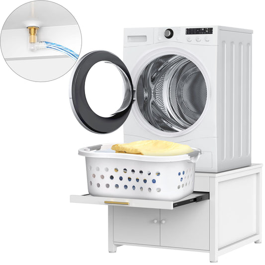 GDLF Laundry Pedestal Heavy Duty Metal Washer and Dryer Stand 29" Universal Fit Anti-Vibration Washing Machine Stand with Laundry Basket Shelf and Built-in Drain Pan + Hose,770 LBS Capacity,White