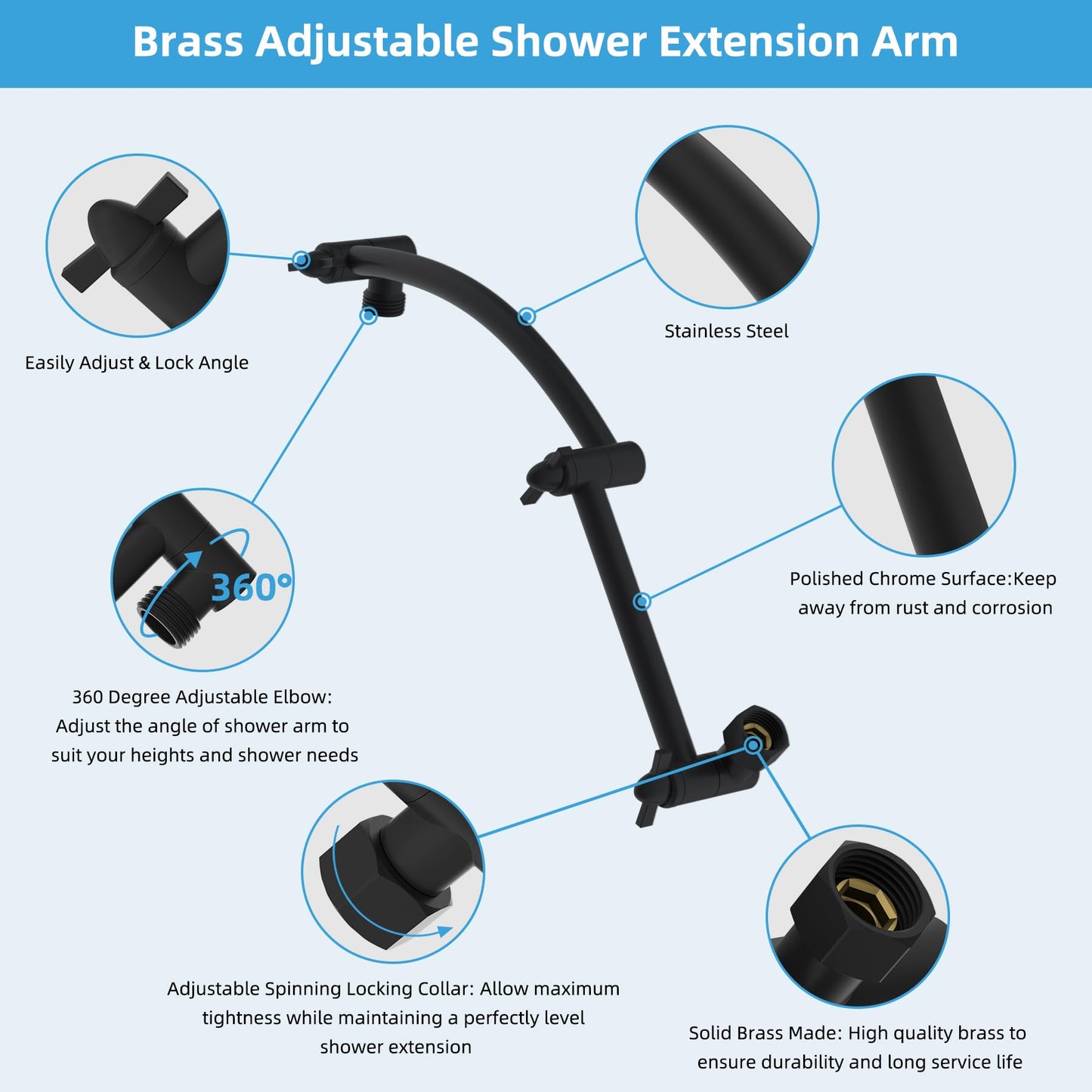 Hibbent All Metal 16'' Shower Head Extension Arm, Solid Brass Flexible Height & Angle Adjustable Shower Head Arm Extender with Lock Joints, Stainless Steel G1/2 Universal Connection, Matte Black