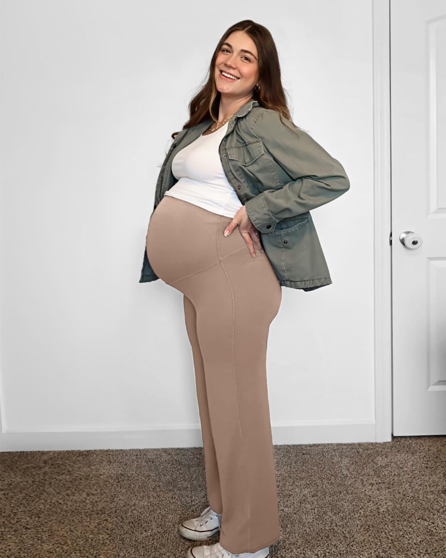 G4Free Maternity Clothes Wide Leg Yoga Pants Over The Belly Business Casual Pregnancy Dress Trousers for Lounge Work(Toffee,XS,32")