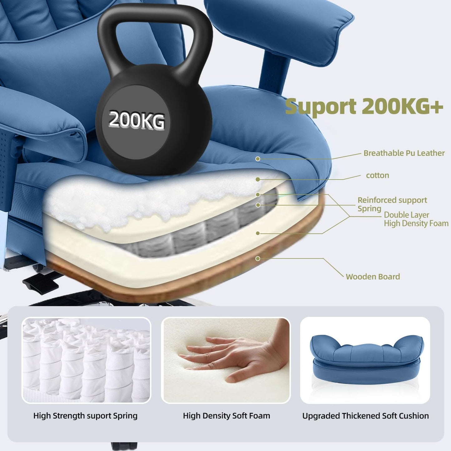 Efomao Big and Tall Office Chair with Footrest – High Back Computer Chair with Adjustable Armrests,Executive Office Chair with Wide Seat, Modern Desk Chair for Home Office, Gaming, or Study, Blue