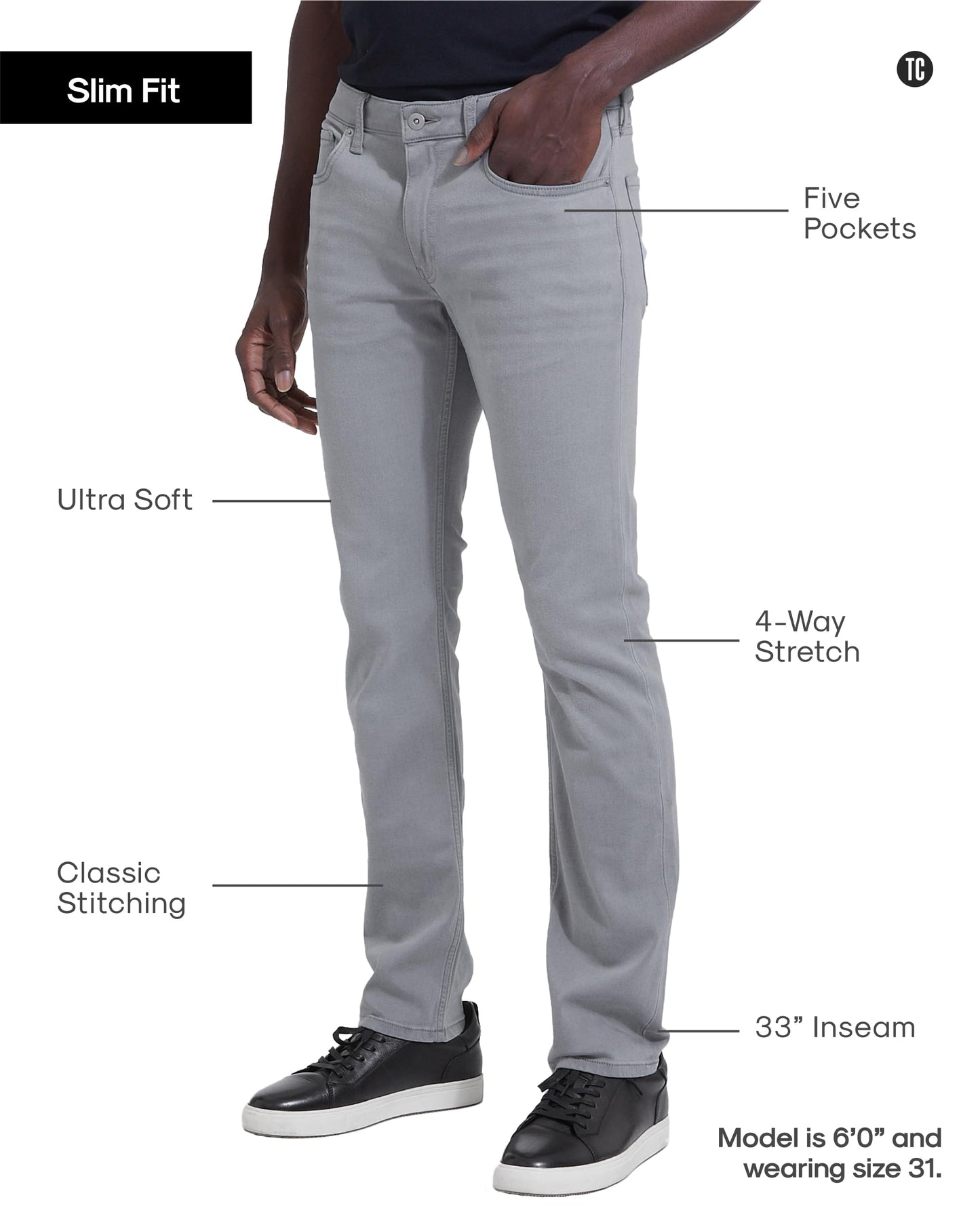 True Classic Mens Jeans – Stretch Jeans for Men, Slim Fit Men’s Stretch Jean - Tapered Skinny Fit, High-Stretch - Medium Gray, 34W X 36L