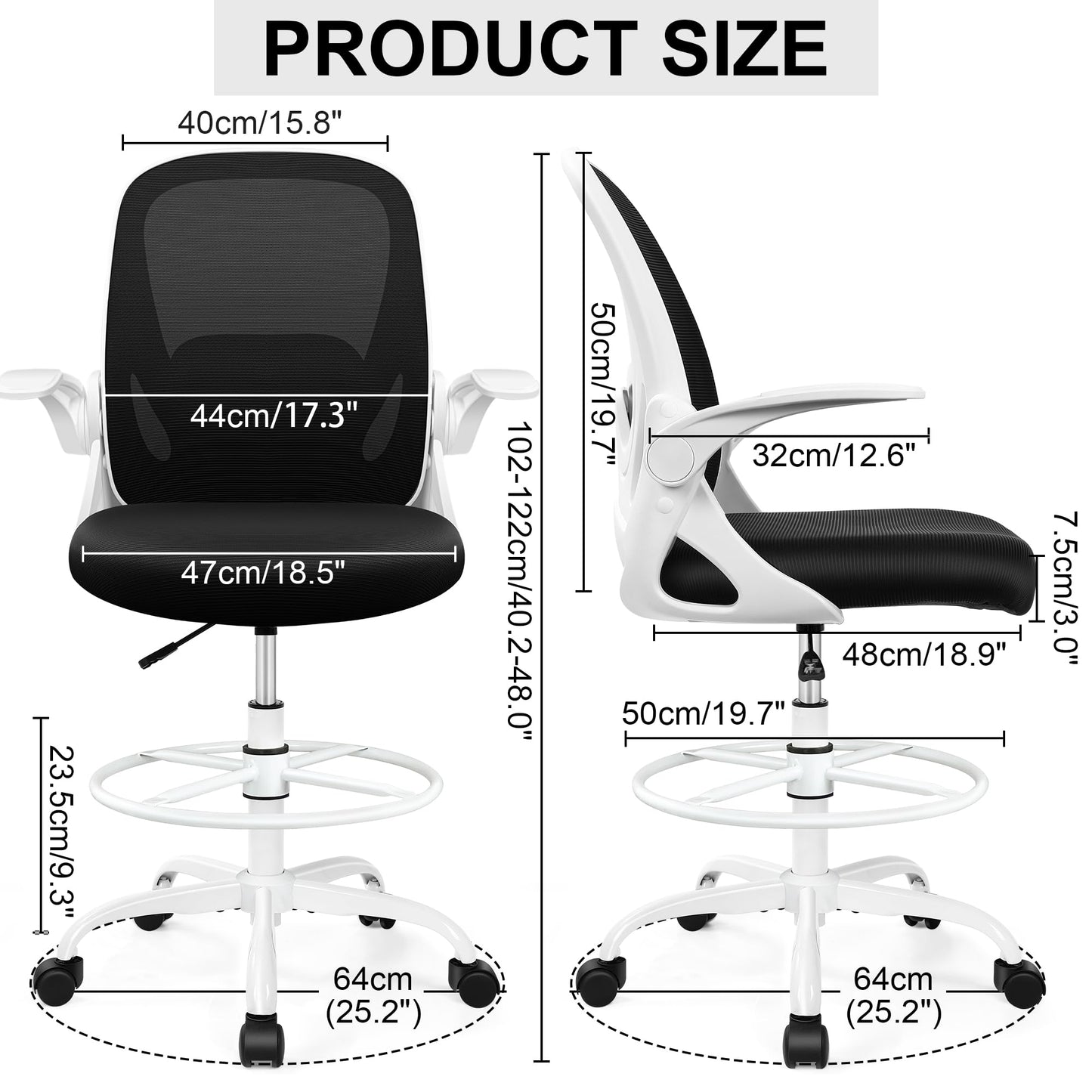 Drafting Chair Tall Office Chair with Flip-up Armrests, Adjustable Height, and Enhanced Lumbar Support - Ergonomic Rolling Stool, Back Support, and Adjustable Foot Rest Ring for Standing Desk White