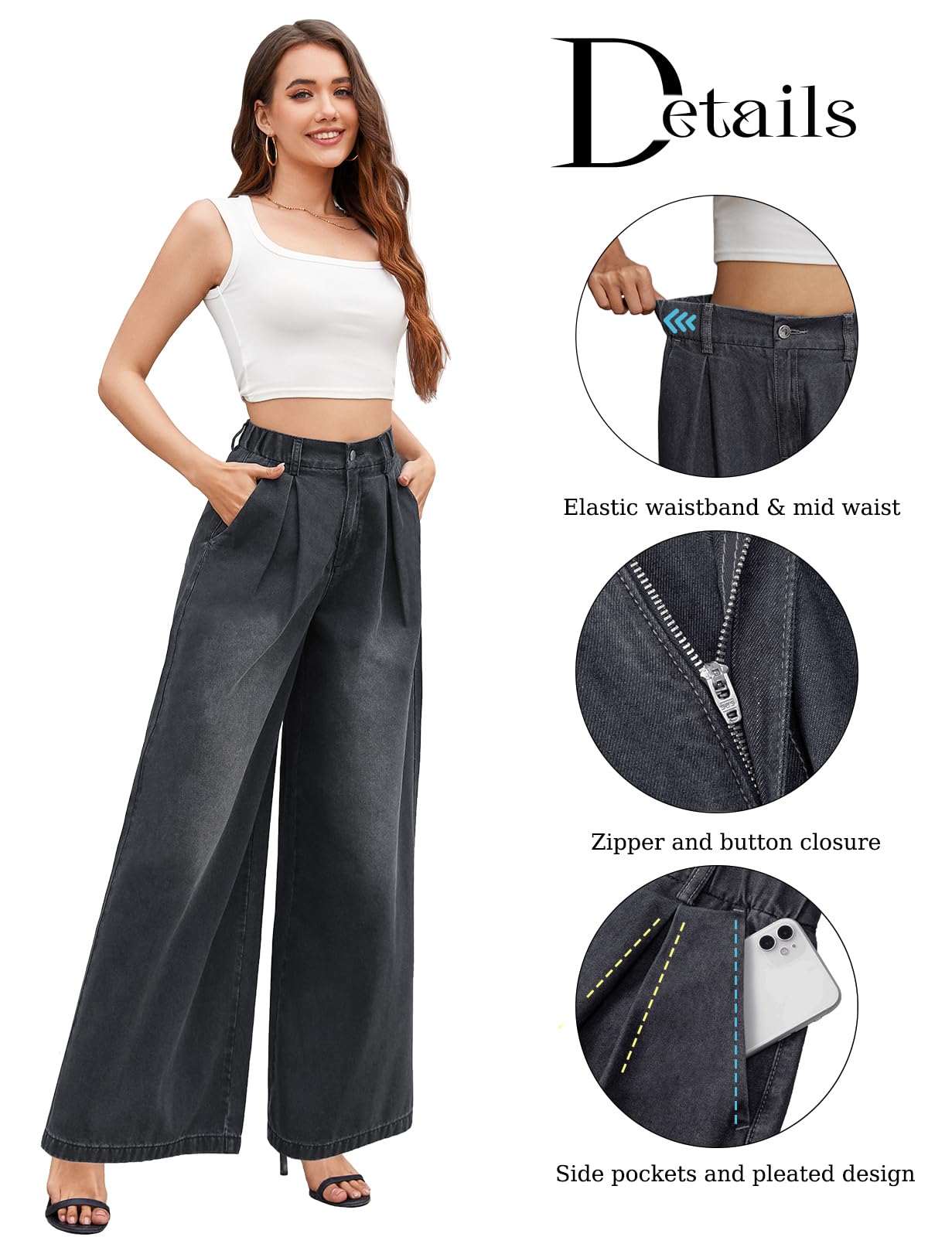 Tapata Women's 33" Inseam Tall Wide Leg Jeans High Waisted Baggy Denim Pants Palazzo Trousers, Black, XL