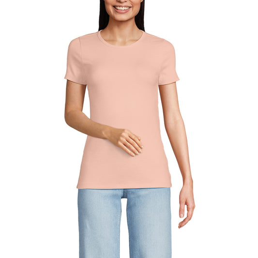 Lands' End Womens Short Sleeve Micro Rib Crew Tinted Peach Tall Small