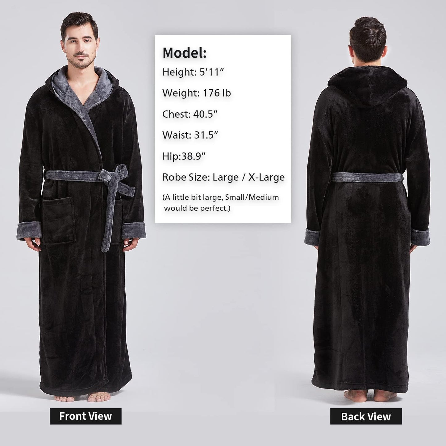 FashGudim Mens Robes Big and Tall with Hood Two-Tone Flannel Fleece Contrast Bathrobe Full Length Plush Long Robe Warm House Coat (Black & Grey, S/M)
