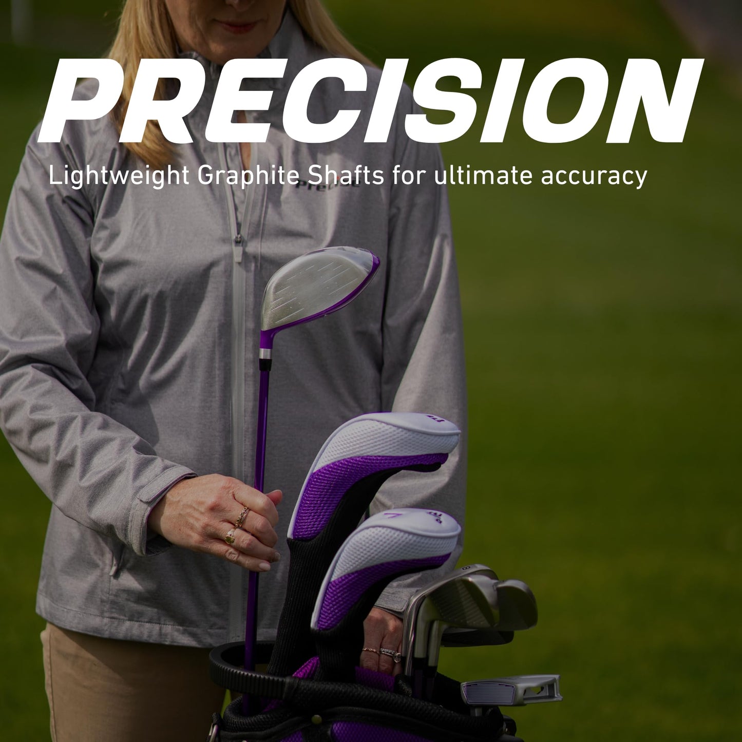 Precise M5 Womenβs Golf Clubs Set β Complete Right-Handed Set with Titanium Driver, S.S. Fairway & Hybrid, 5-PW Irons, Putter, Stand Bag & Headcovers β Graphite Shafts β Purple β Petite/Standard/Tall