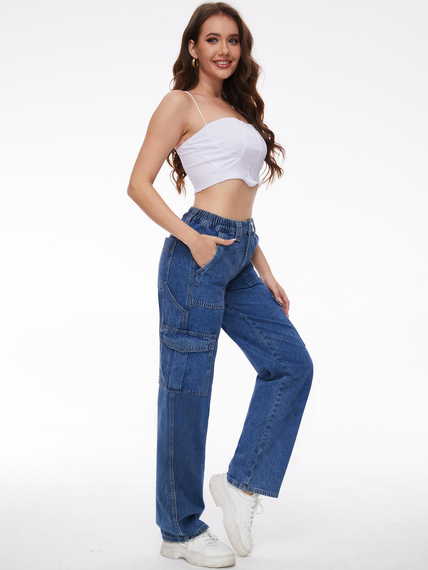 Tapata Women's 26"/28"/30"/32"/34" Cargo Jeans Straight Leg Short Petite Regular Tall Denim Y2K Pants Deep Blue, XL