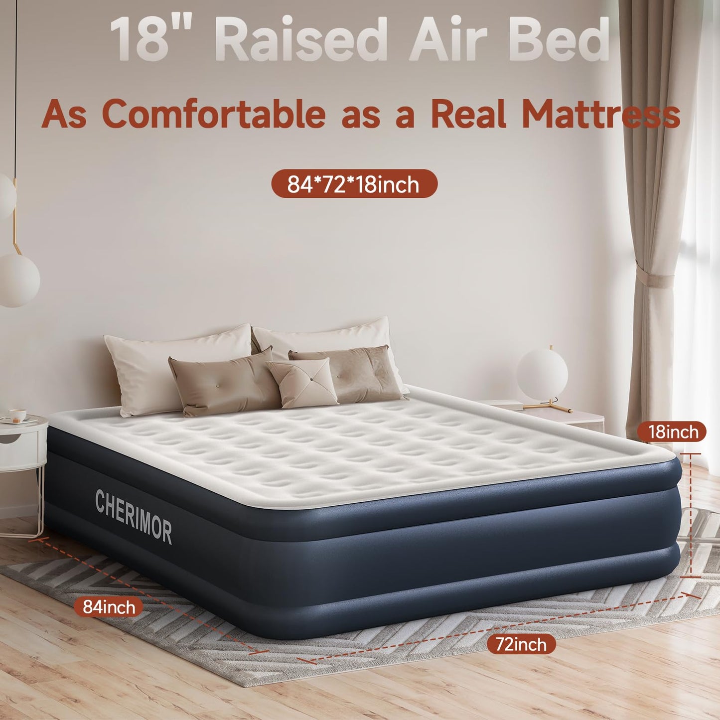 CHERIMOR California King Size Air Mattress with Built in Pump, 18" Luxury Thick Inflatable Blow up Mattress for Guests & Home, Fast Self-Inflating Air Bed with Carry Bag for Camping