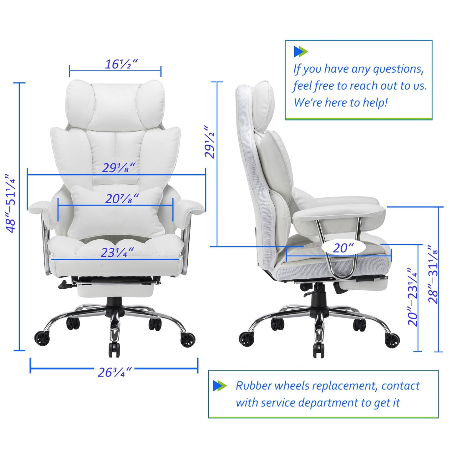 Efomao Big and Tall Office Chair 400lbs – High Back PU Leather Executive Chair with Lumbar Support, Footrest, Swivel Base, Padded Armrests, and Rolling Wheels for Home Office, White Computer Chair