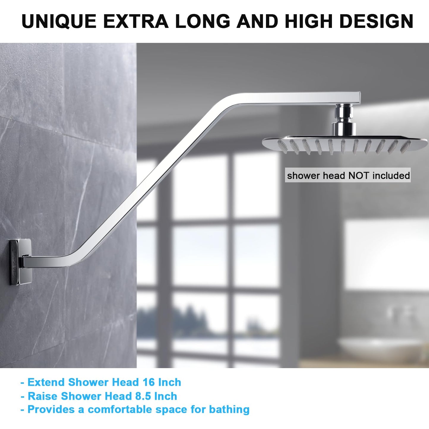 Square Shower Head Extension Arm with Flange 16.5 Inch Extra Long S Shaped Shower Head Riser Pipe, Uvish Stainless Steel High Rise Goose Neck Shower Extender, Standard 1/2" Connection, White