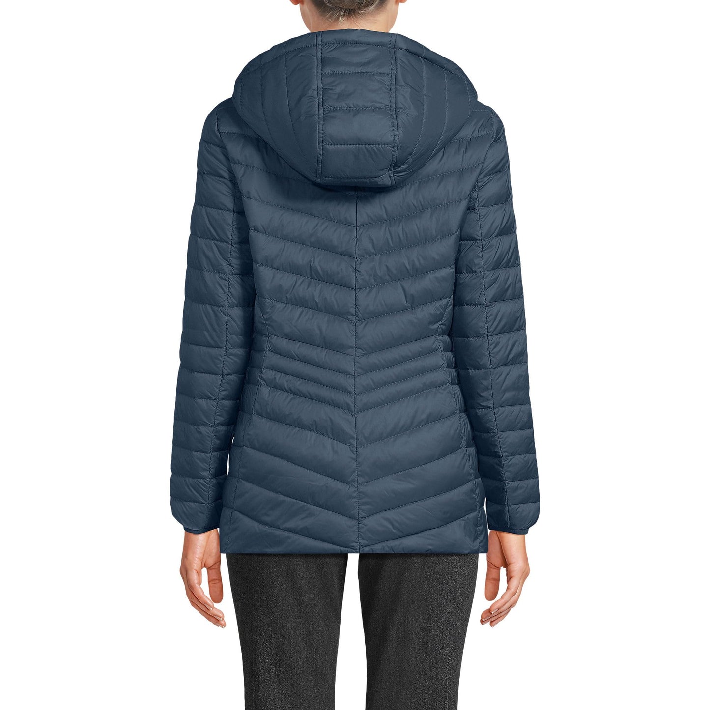 Lands' End Womens Packable Chevron Hooded Long Wanderweight Down Jacket Vintage Blue Tall Large