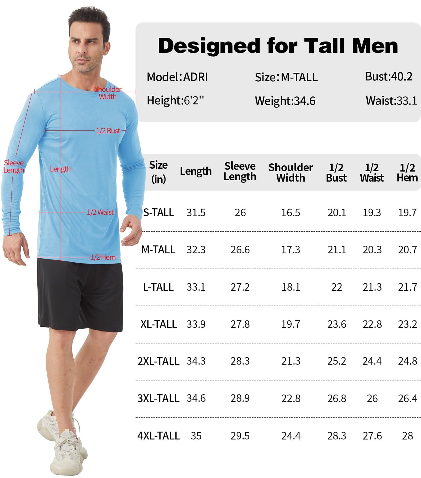 Men's Tall Rash Guard Long Sleeve T Shirts - UPF 50+ Sun Protection Tee Shirt for Fishing, Swim, Hiking Light Blue