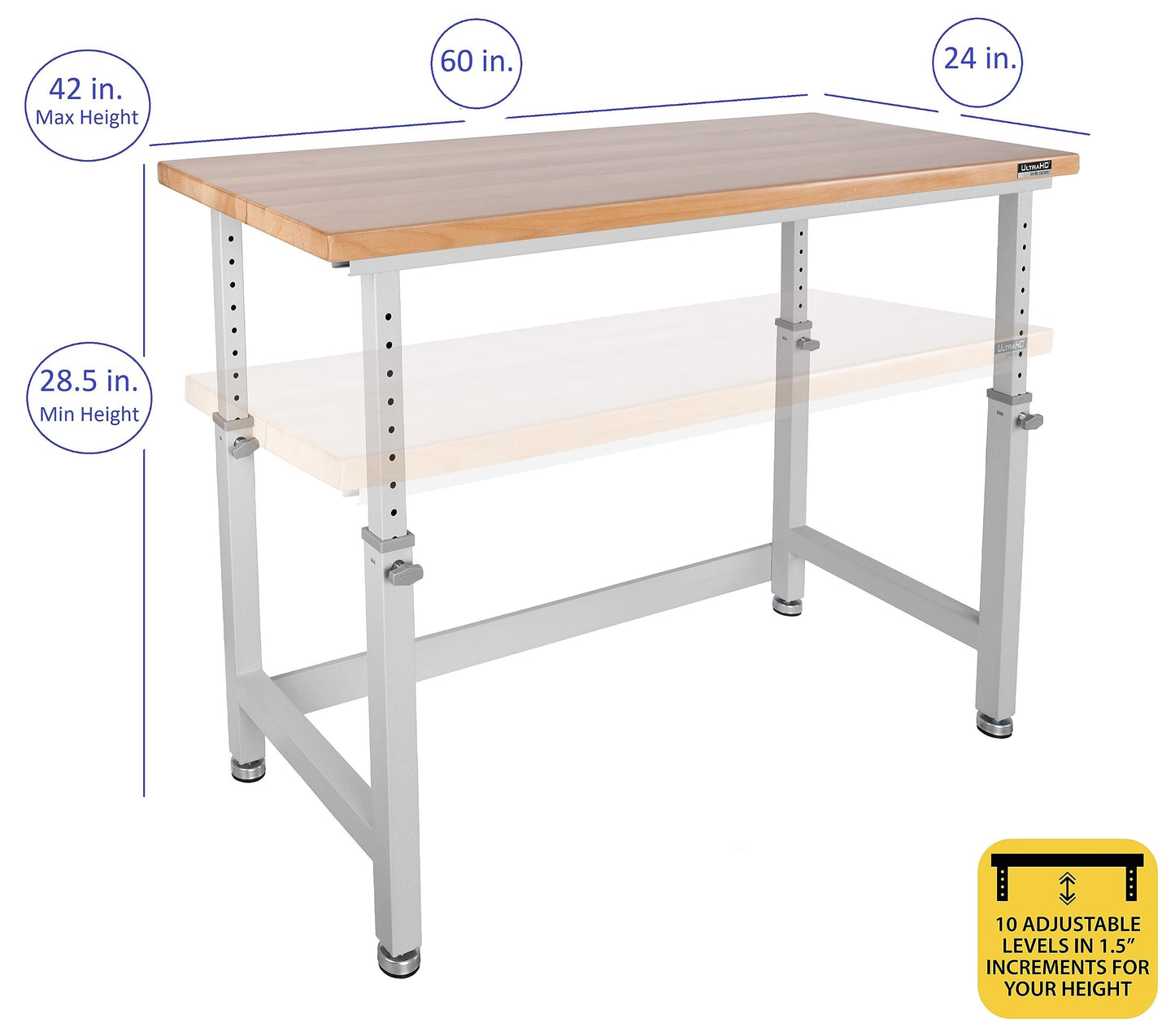 Seville Classics UltraHD Heavy Duty Workbench Table w/Solid Wood Top, 1000 lbs. Weight Capacity Workstation for Garage, Warehouse, Workshop, Granite, 60" W x 24" D x 28.5" to 42" H Desktop
