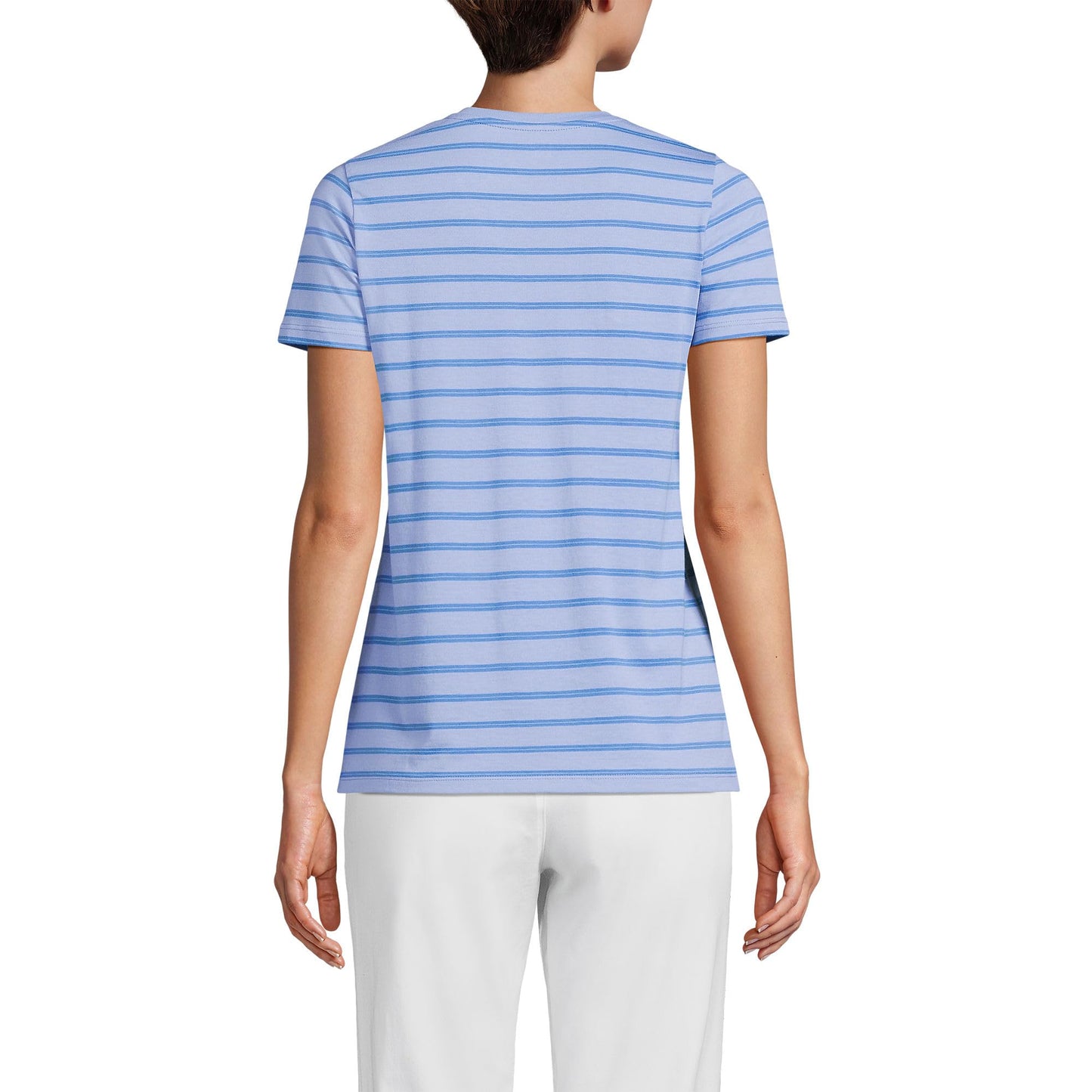 Lands' End Womens SS Relaxed Supima V Neck T Shirt Light Cornflower Dual Stripe Tall X-Large