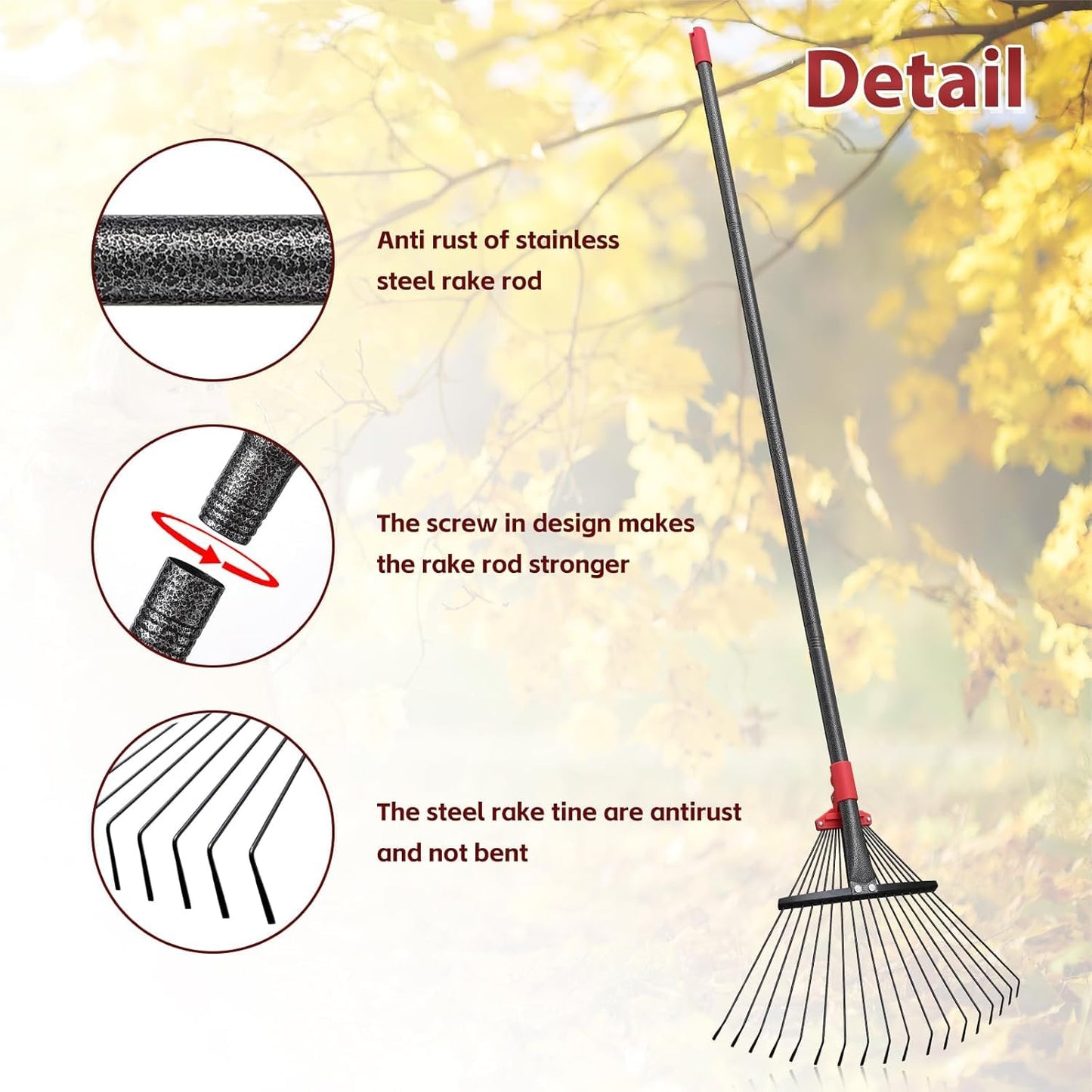 TAILERNRUYE 91 Inch Rake for Leaves , Adjustable 18 Tines with Expandable Head 9-18in Grass Rake Heavy Duty Metal Rakes for Women Children Yard Gardener Gardening Grass Debris Lawns