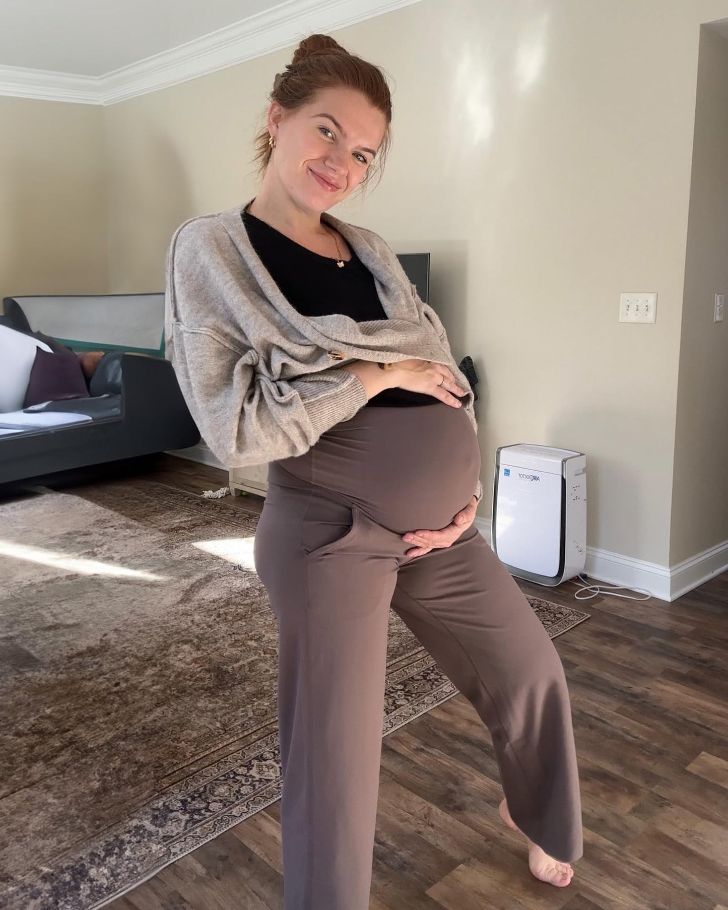 G4Free Maternity Yoga Pants with Pockets Pregnancy Fall Outfits Dress Work Pants for Athletic Workout Casual(Taupe,XXL,34")