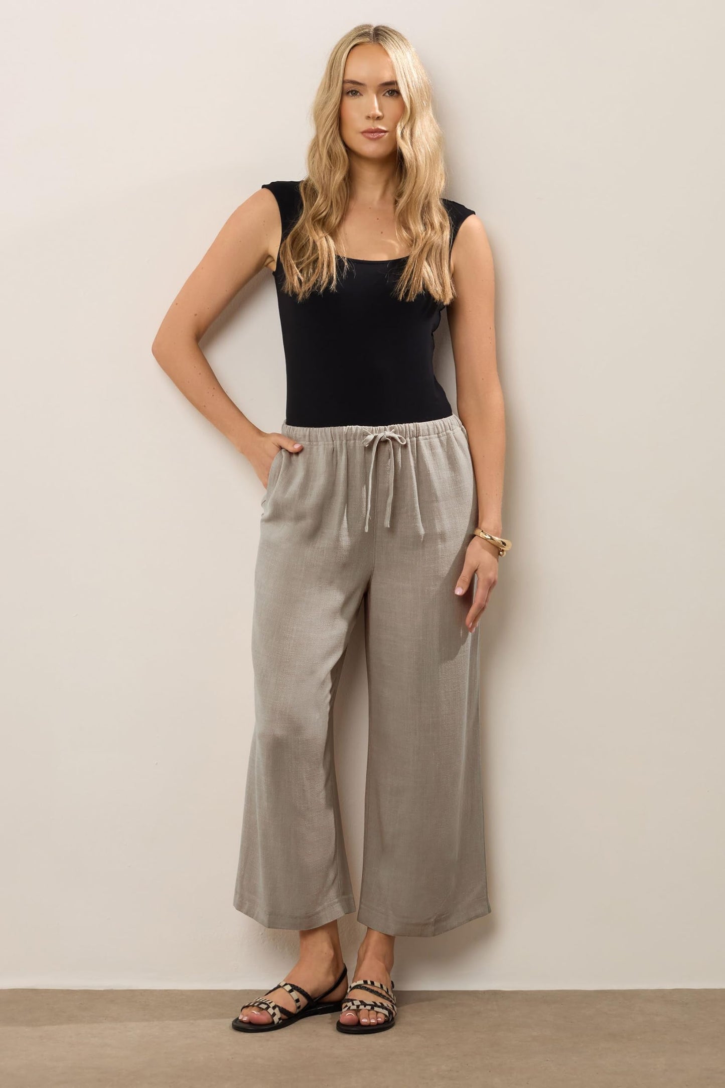 Long Tall Sally LTS Tall Women's Linen Tie Waist Cropped Pants Light Brown 12
