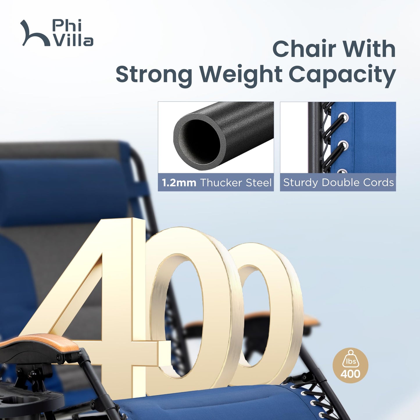 PHI VILLA XXL Oversized Padded Zero Gravity Chair, Foldable Patio Recliner, 30" Wide Seat Anti Gravity Lounger with Cup Holder, Support 400 LBS