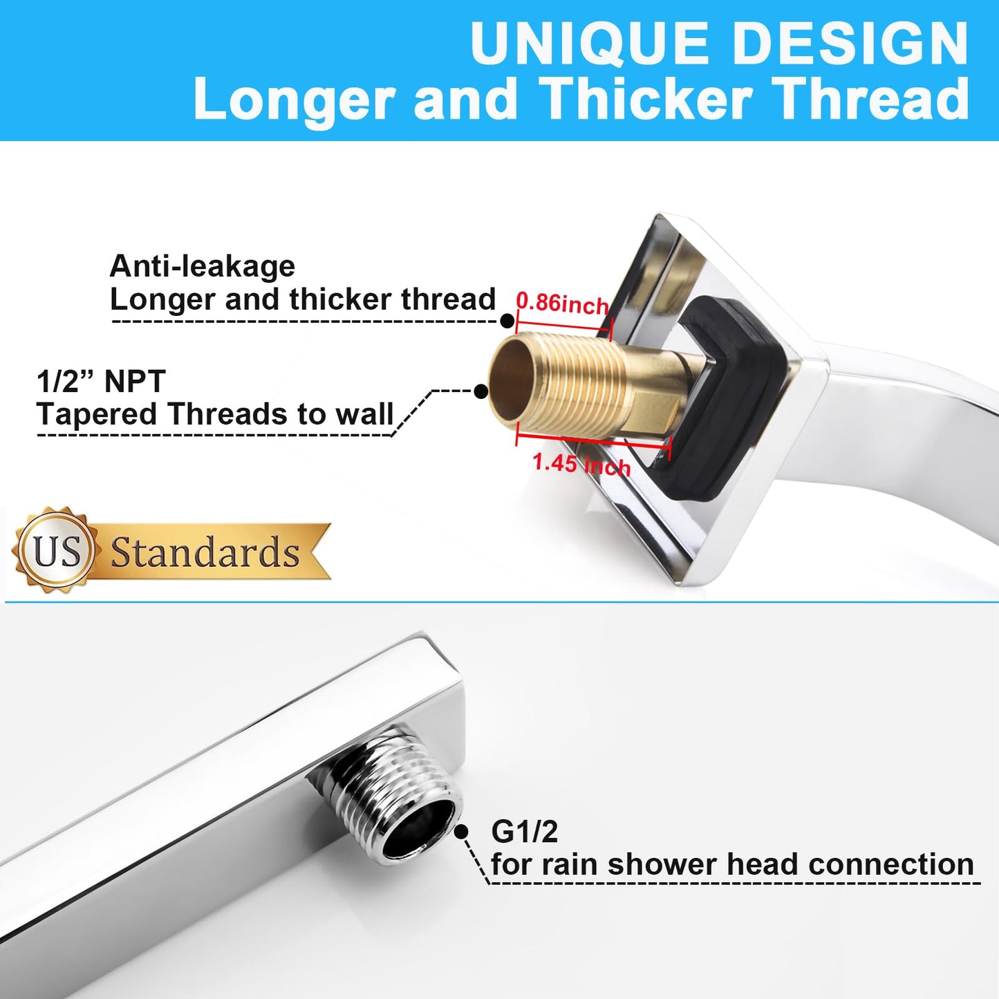Square Shower Head Extension Arm with Flange 16.5 Inch Extra Long S Shaped Shower Head Riser Pipe, Uvish Stainless Steel High Rise Goose Neck Shower Extender, Standard 1/2" Connection, White