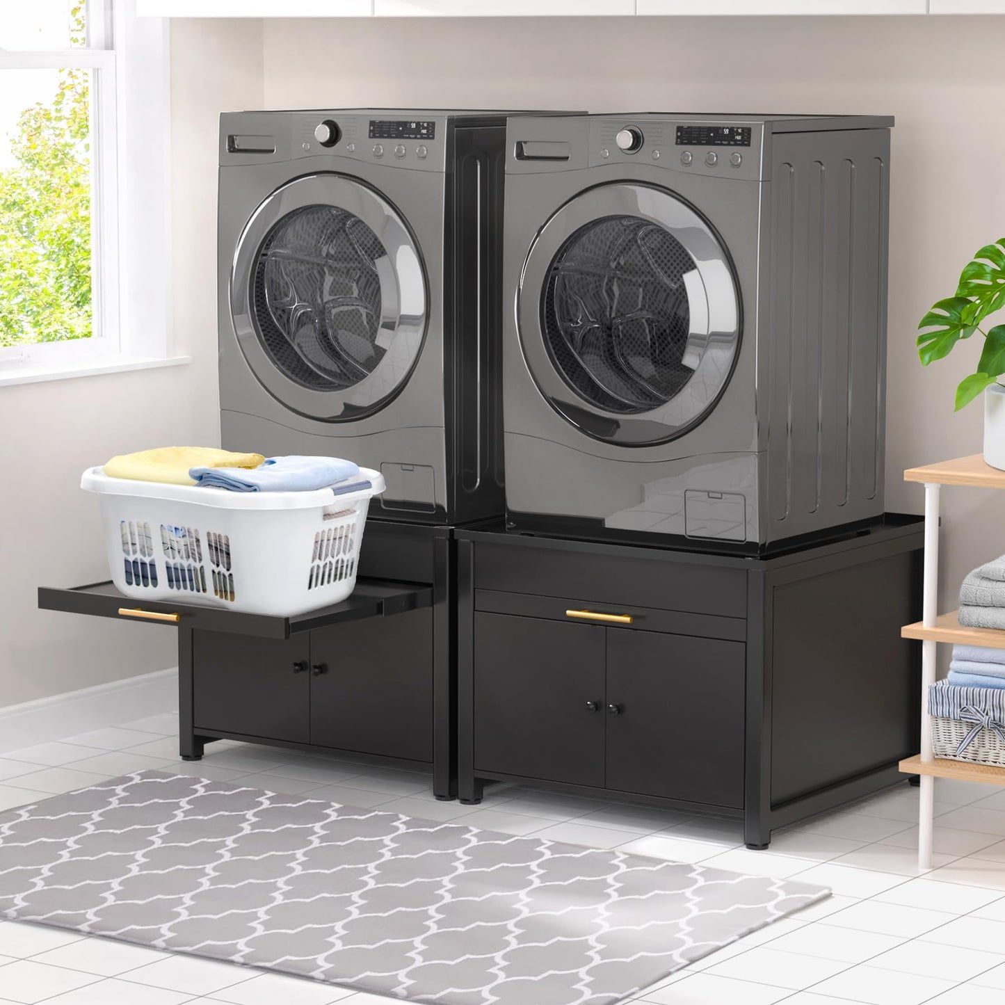 GDLF Laundry Pedestal Heavy Duty Metal Washer Dryer Pedestal 29" Universal Fit Anti-Vibration Washing Machine Stand with Laundry Basket Shelf and Built-in Drain Pan + Hose,770 LBS Capacity