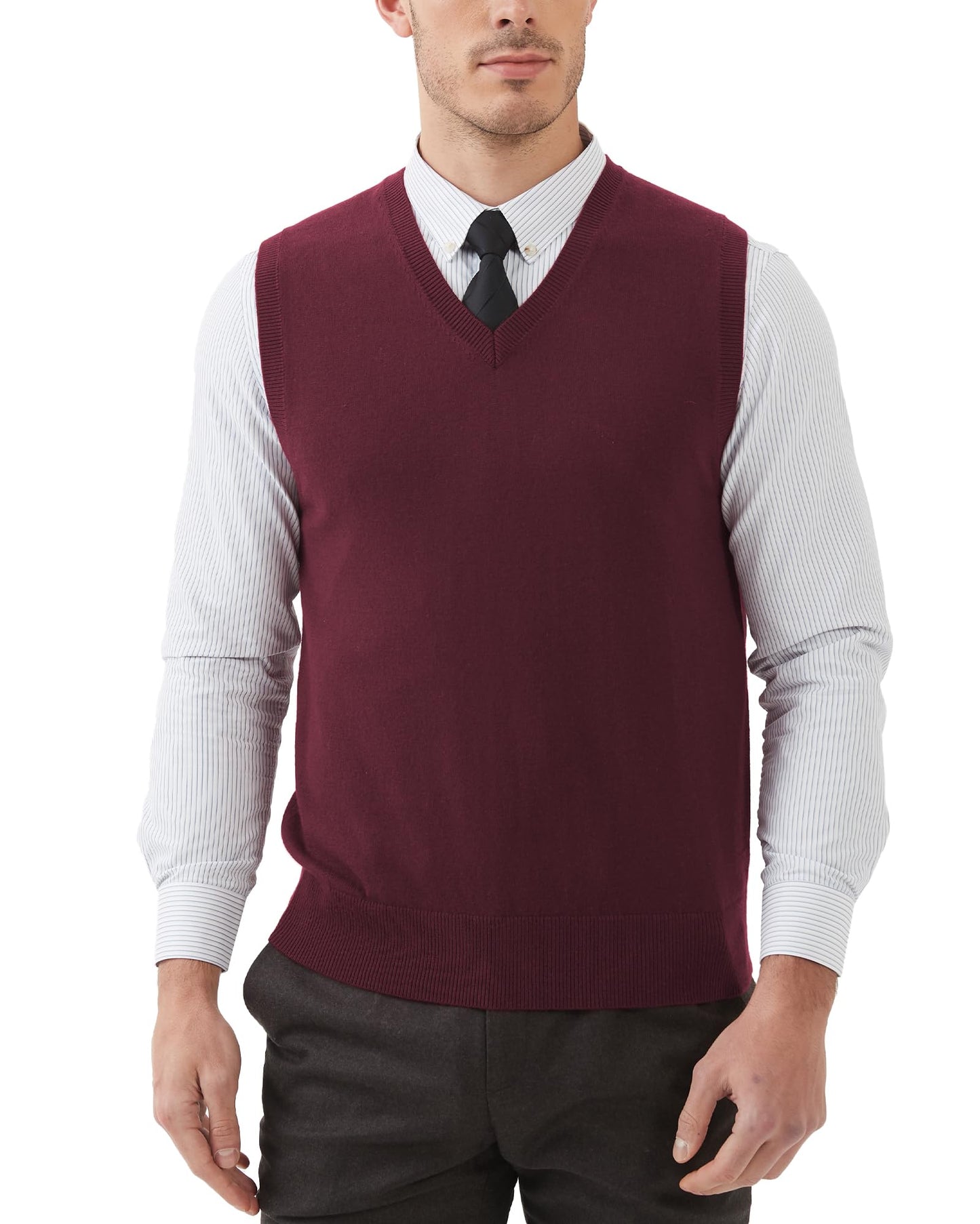 Kallspin Men's Big & Tall Wool Blended Vest Sweater Relaxed Fit V Neck Sleeveless Knitted Pullover (Burgundy 3XL-Tall)