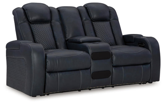 Signature Design by Ashley Fyne-Dyme Contemporary Power Reclining Loveseat with Console, USB Charging Ports and Adjustable Headrest, Blue