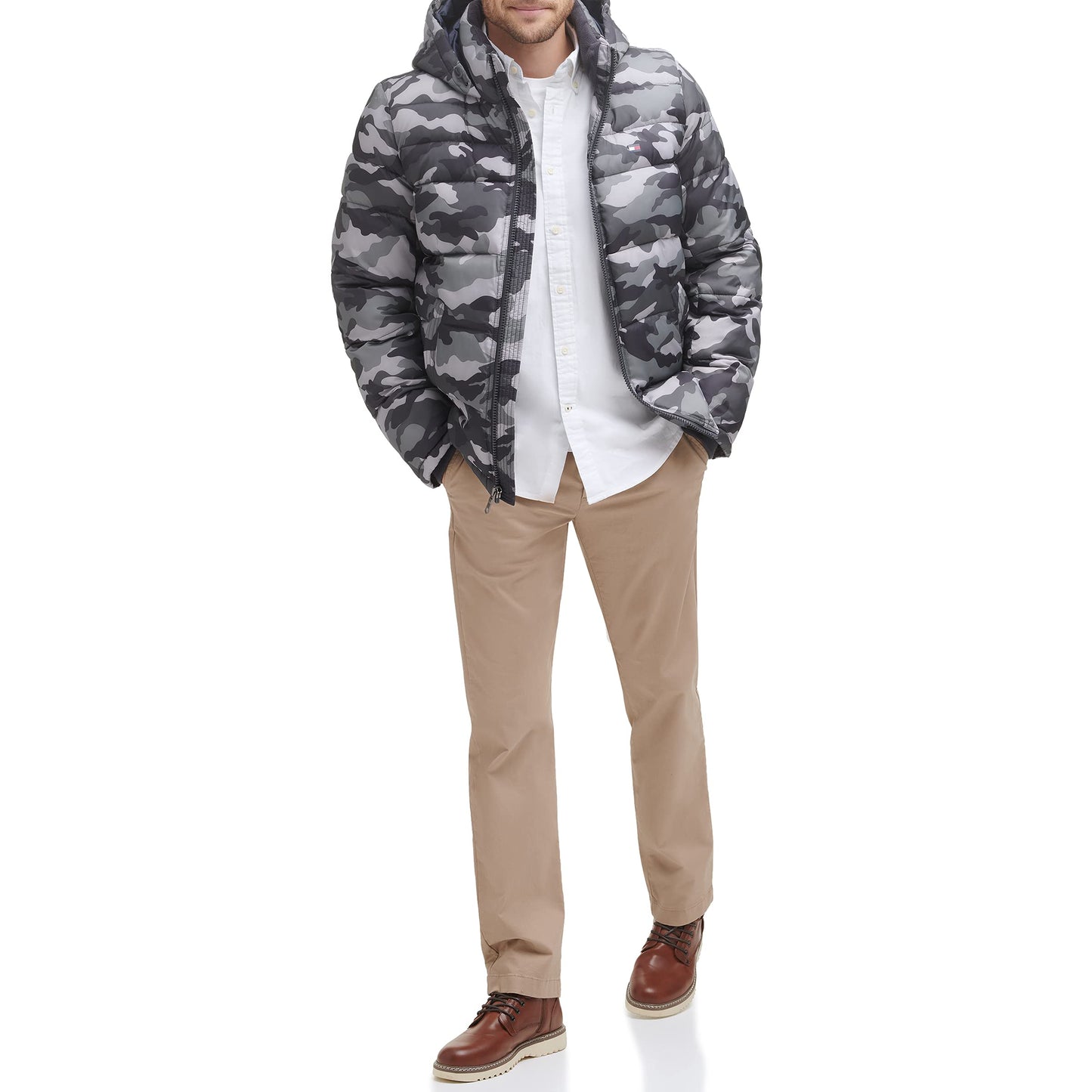 Tommy Hilfiger mens Hooded Puffer Jacket Down Alternative Coat, Grey Camouflage, X-Large Tall US