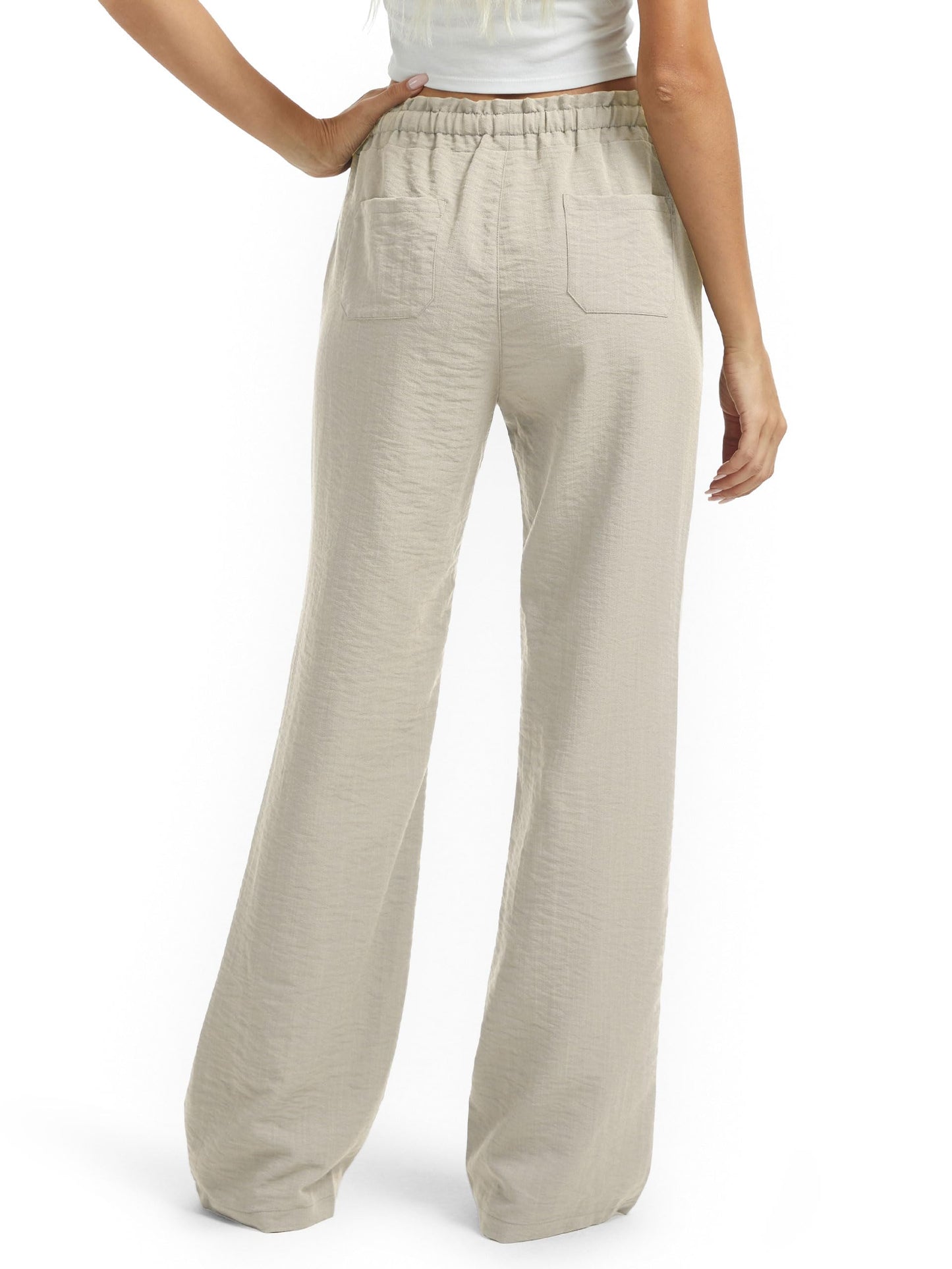 SEVEGO Women's Casual Linen Pants Tall 34" Inseam Flared Leg Smocked Waist Beach Summer Slacks, Khaki, Large