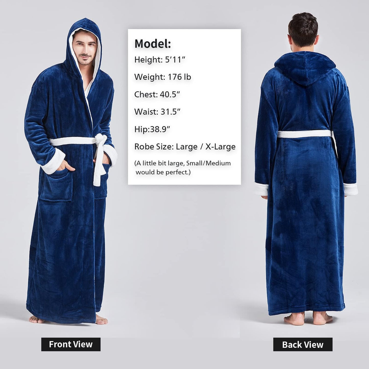FashGudim Mens Robes Big and Tall with Hood Two-Tone Flannel Fleece Contrast Bathrobe Full Length Plush Long Robe Warm House Coat (Navy & White, L/XL)