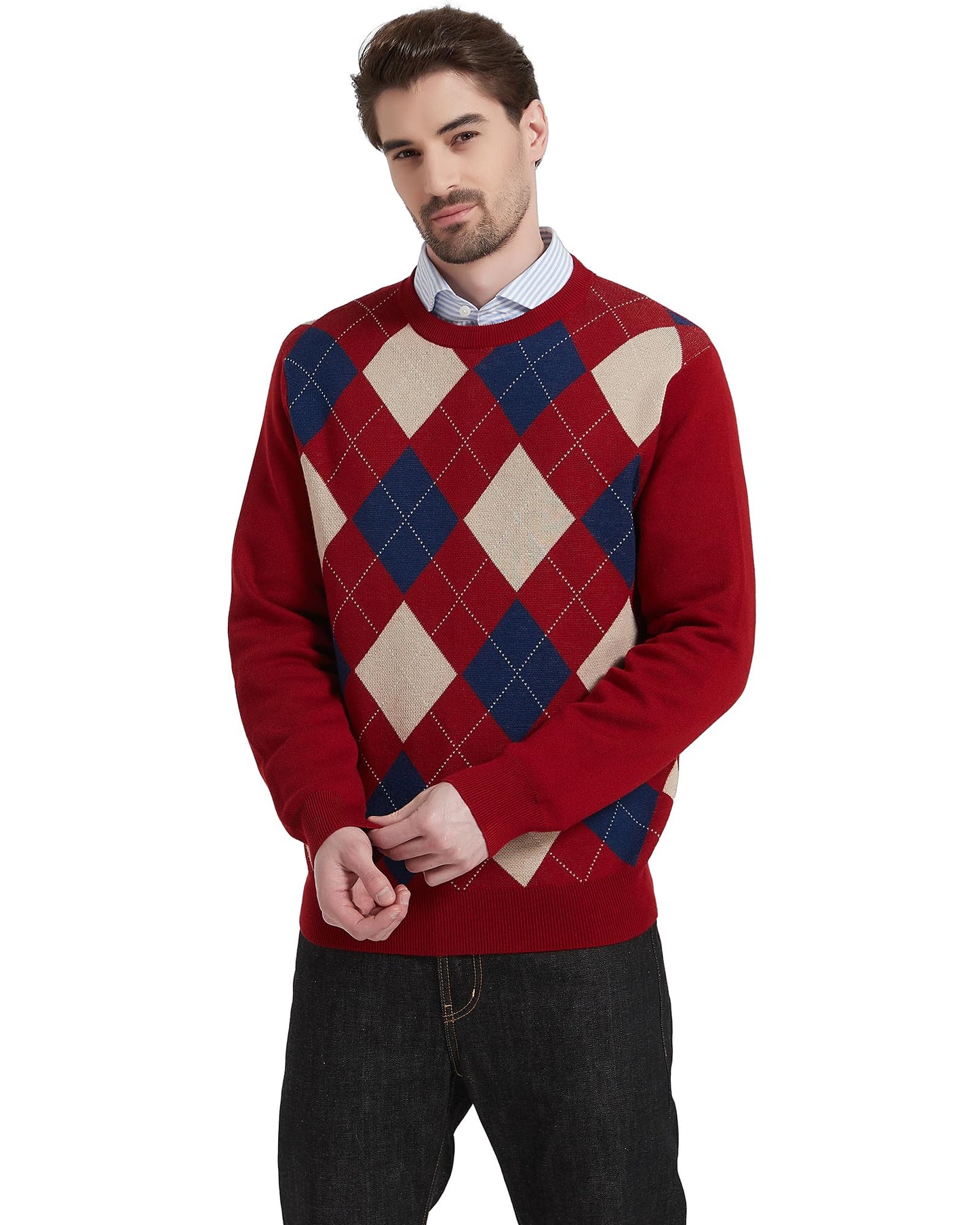 Kallspin Men's Wool Blend Crewneck Sweater Argyle Long Sleeve Pullover Sweater for Casual Or Dressy Wear(Burgundy Red,2XL-Tall)